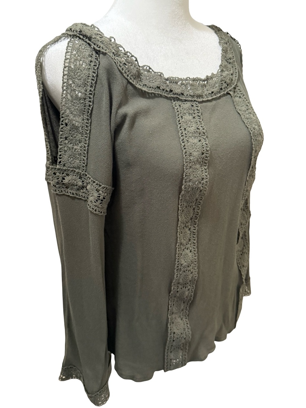 Forest Fairy  Olive Crochet-Trim Cold Shoulder Women’s Top size M Flare Sleeve